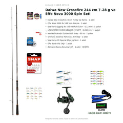 Daiwa New Crossfire 244 cm 7–28 g ve Effe Nova 3000 Spin Seti — kamış koruma kılıfı hediyeli