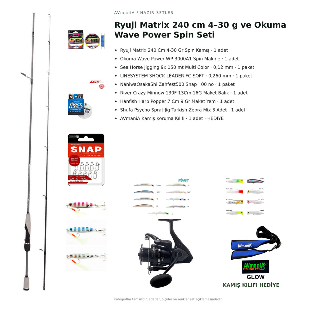 Ryuji Matrix 240 cm 4–30 g ve Okuma Wave Power Spin Seti — kamış koruma kılıfı hediyeli