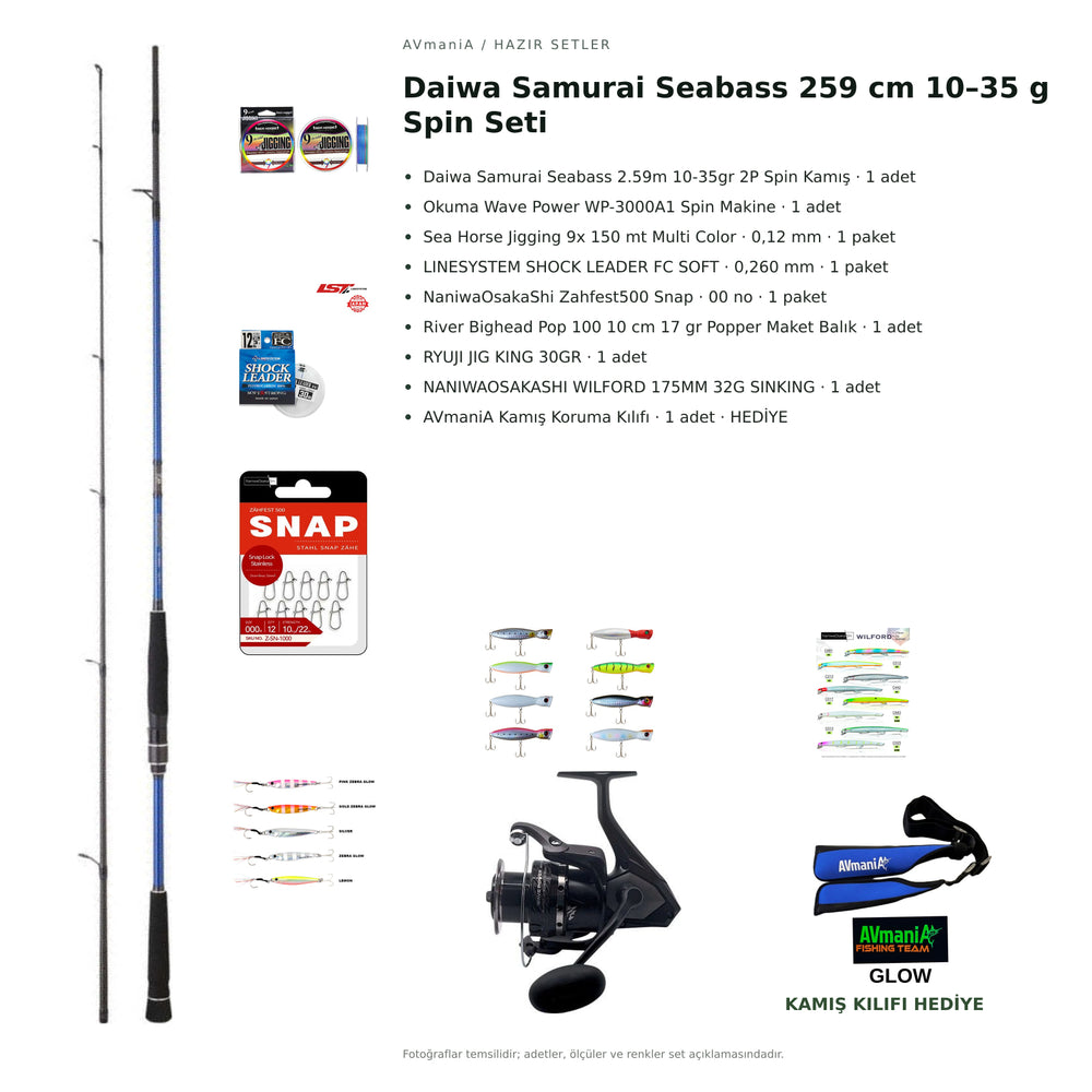 Daiwa Samurai Seabass 259 cm 10–35 g Spin Seti — kamış koruma kılıfı hediyeli