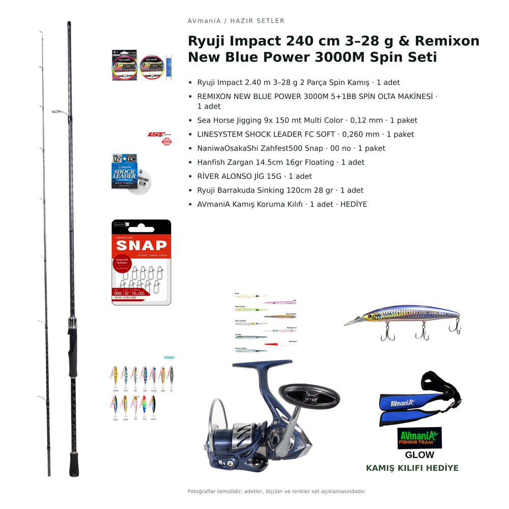 Ryuji Impact 240 cm 3–28 g & Remixon New Blue Power 3000M Spin Seti — kamış koruma kılıfı hediyeli