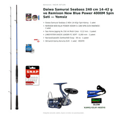 Daiwa Samurai Seabass 240 cm 14–42 g ve Remixon New Blue Power 4000M Spin Seti — Yemsiz — kamış koruma kılıfı hediyeli