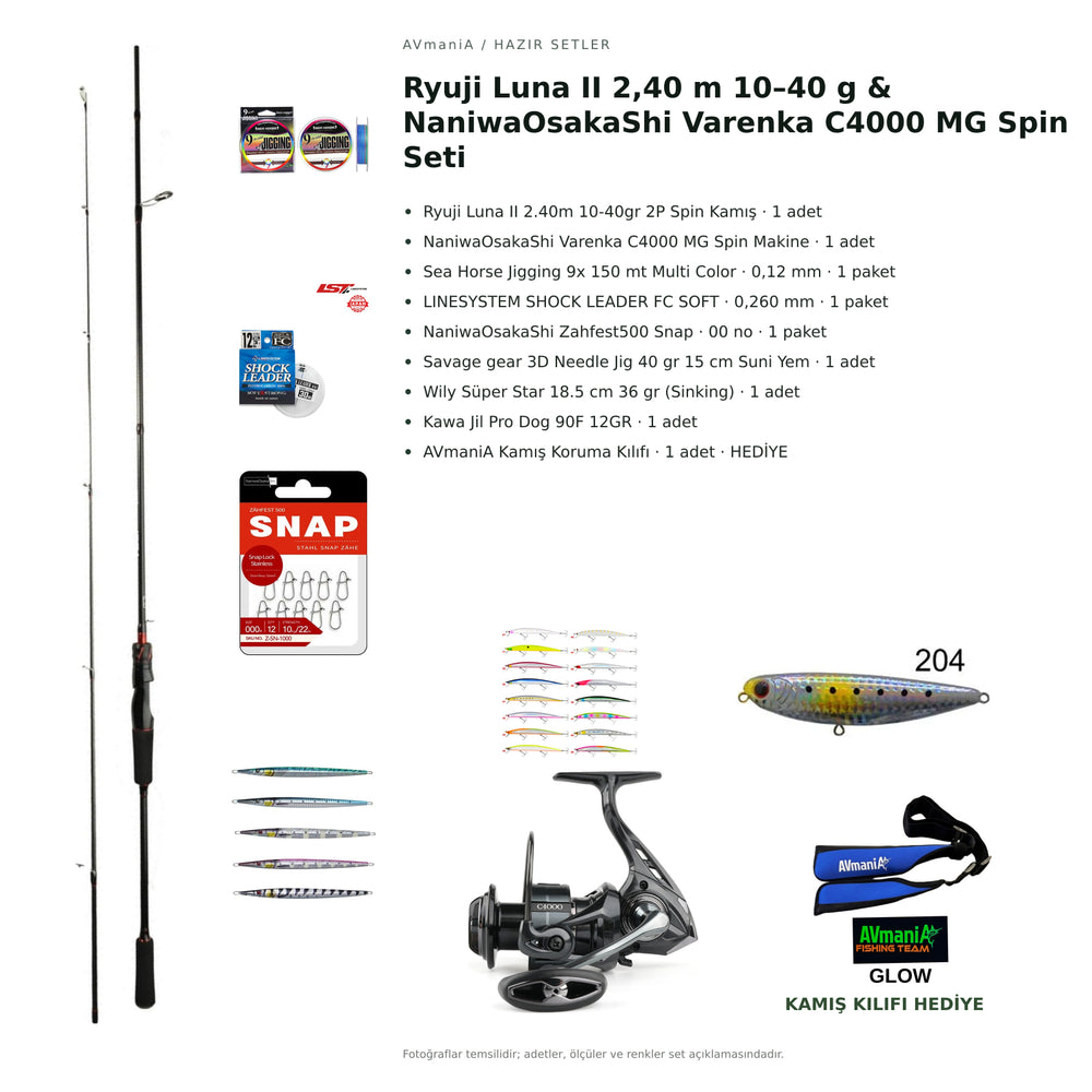Ryuji Luna II 2,40 m 10–40 g & NaniwaOsakaShi Varenka C4000 MG Spin Seti — kamış koruma kılıfı hediyeli