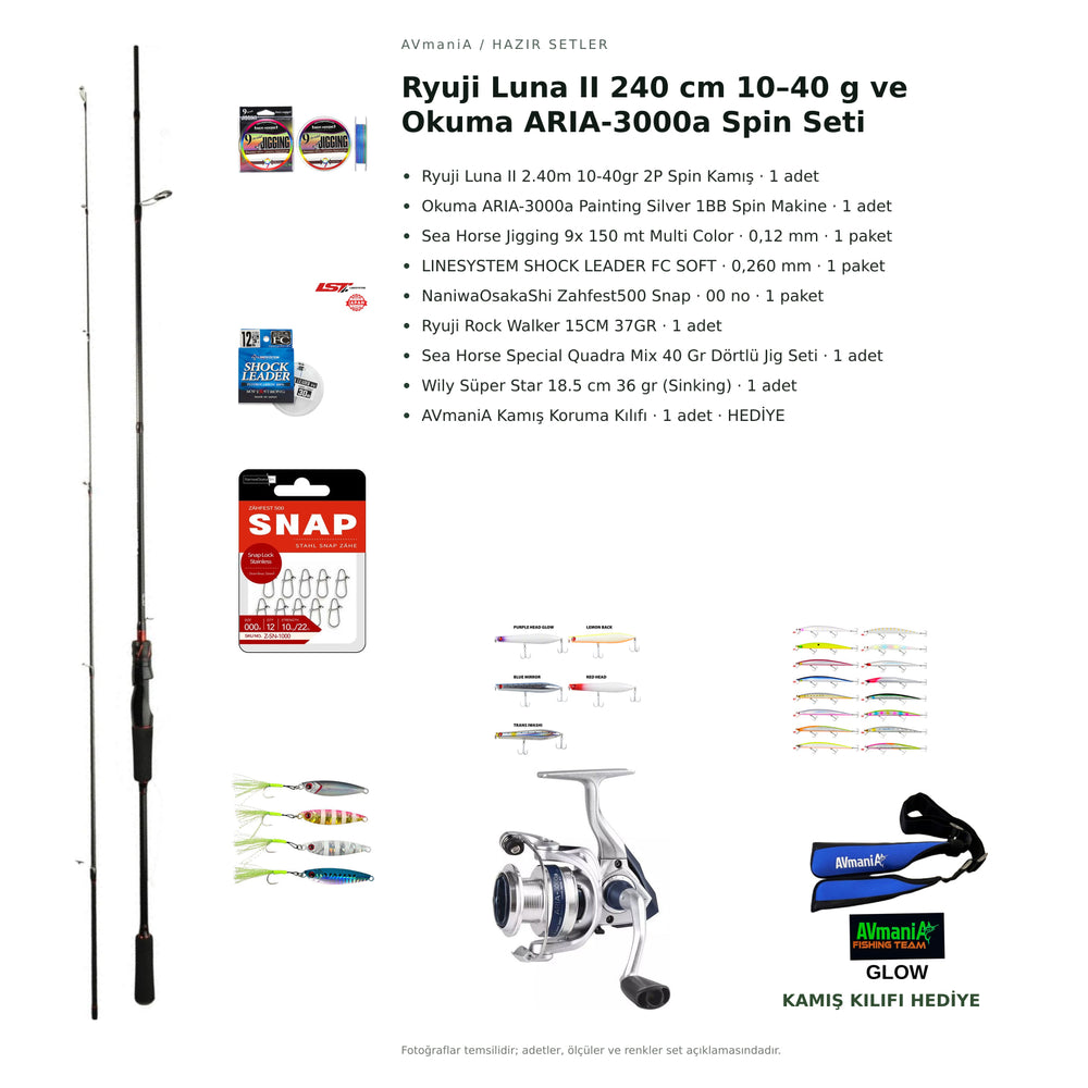 Ryuji Luna II 240 cm 10–40 g ve Okuma ARIA-3000a Spin Seti — kamış koruma kılıfı hediyeli
