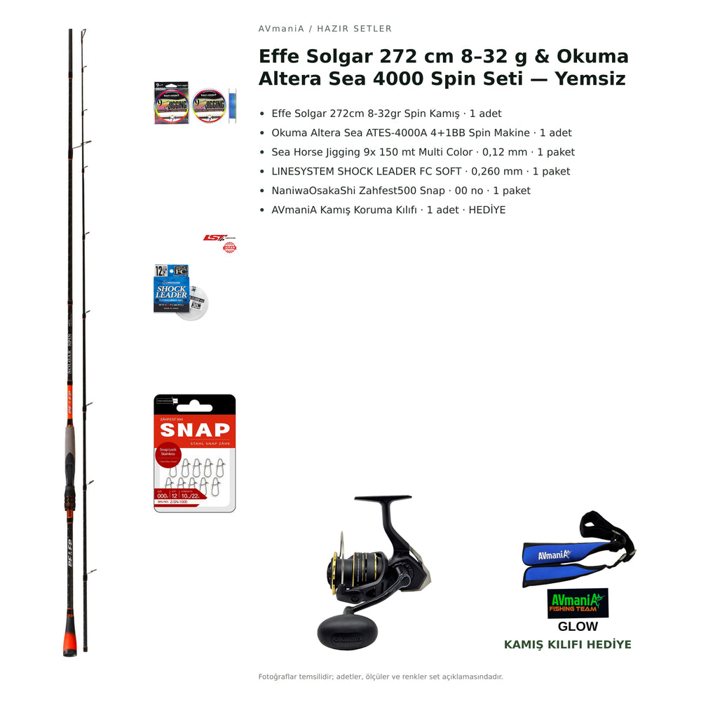 Effe Solgar 272 cm 8–32 g & Okuma Altera Sea 4000 Spin Seti — Yemsiz — kamış koruma kılıfı hediyeli