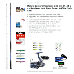 Daiwa Samurai Seabass 240 cm 14–42 g ve Remixon New Blue Power 4000M Spin Seti — kamış koruma kılıfı hediyeli