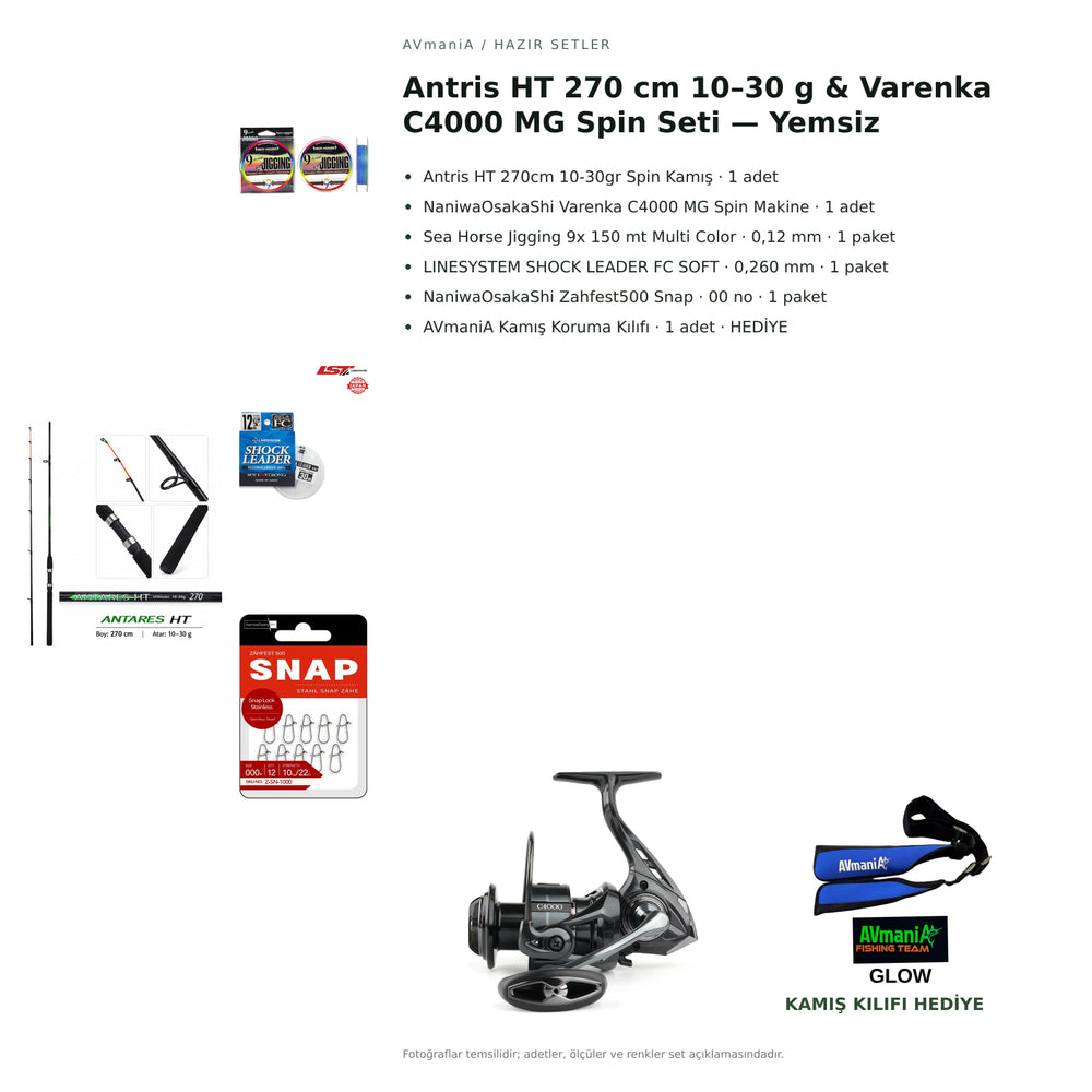 Antris HT 270 cm 10–30 g & Varenka C4000 MG Spin Seti — Yemsiz — kamış koruma kılıfı hediyeli