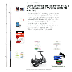 Daiwa Samurai Seabass 240 cm 14–42 g & NaniwaOsakaShi Varenka C3000 MG Spin Seti — kamış koruma kılıfı hediyeli