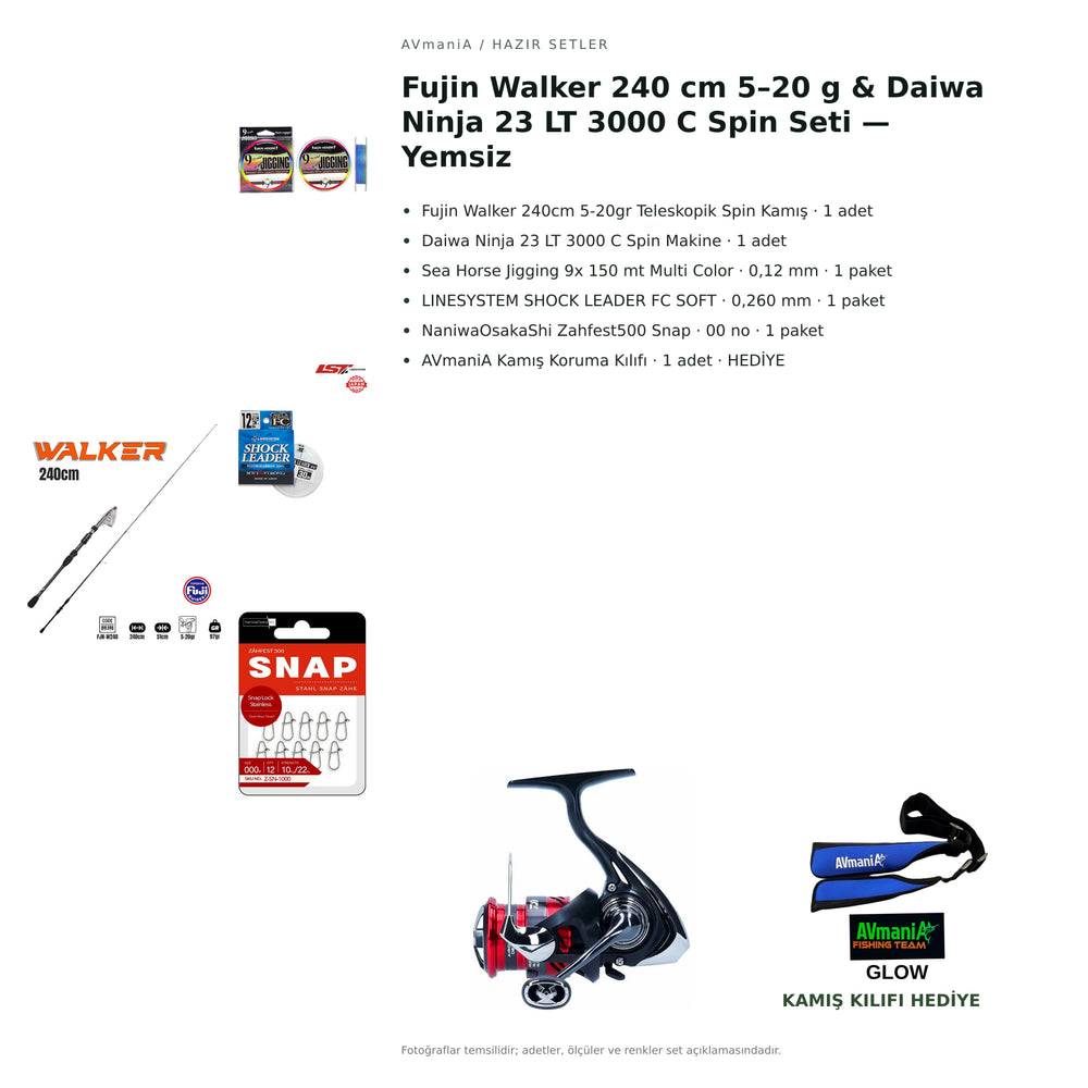 Fujin Walker 240 cm 5–20 g & Daiwa Ninja 23 LT 3000 C Spin Seti — Yemsiz — kamış koruma kılıfı hediyeli