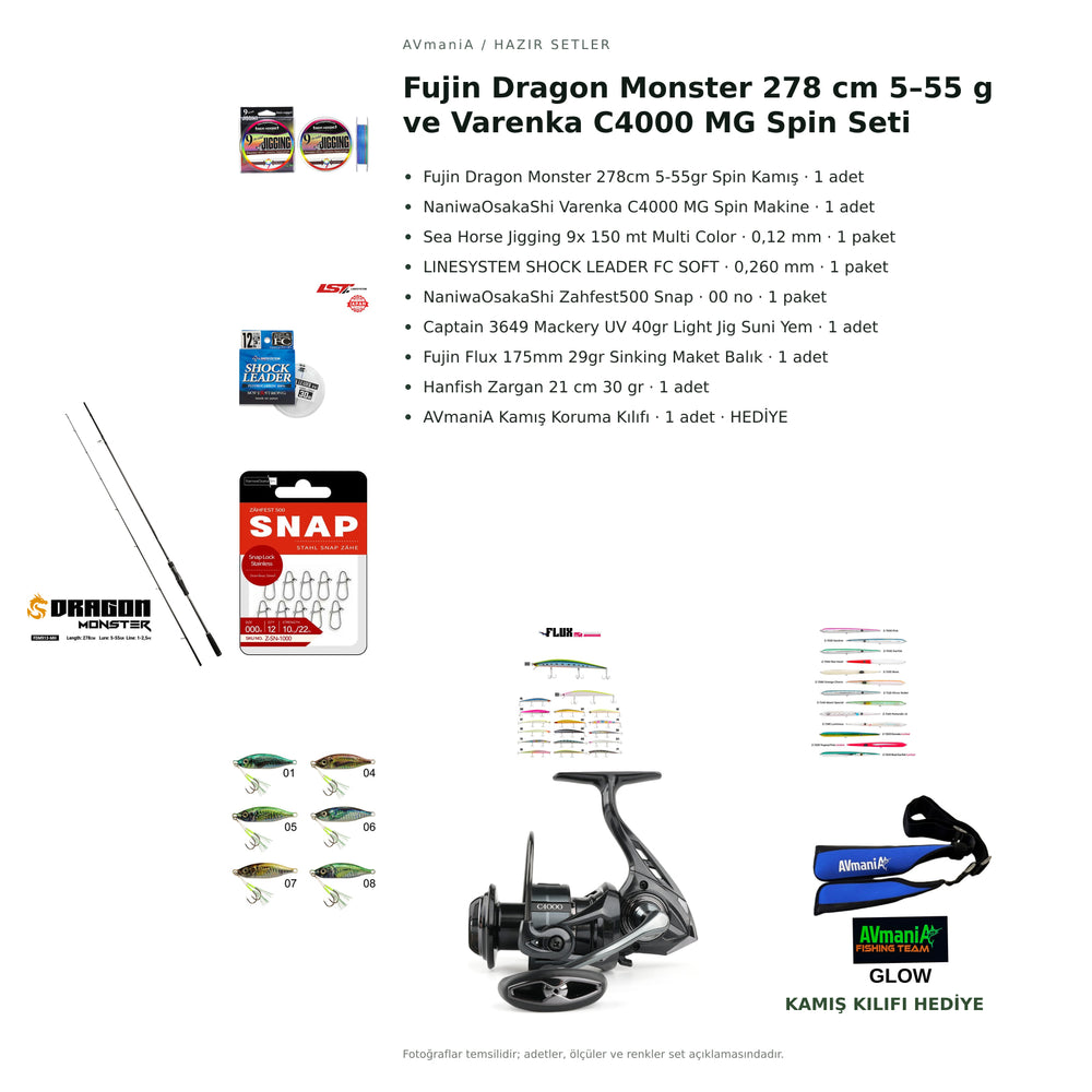 Fujin Dragon Monster 278 cm 5–55 g ve Varenka C4000 MG Spin Seti — kamış koruma kılıfı hediyeli