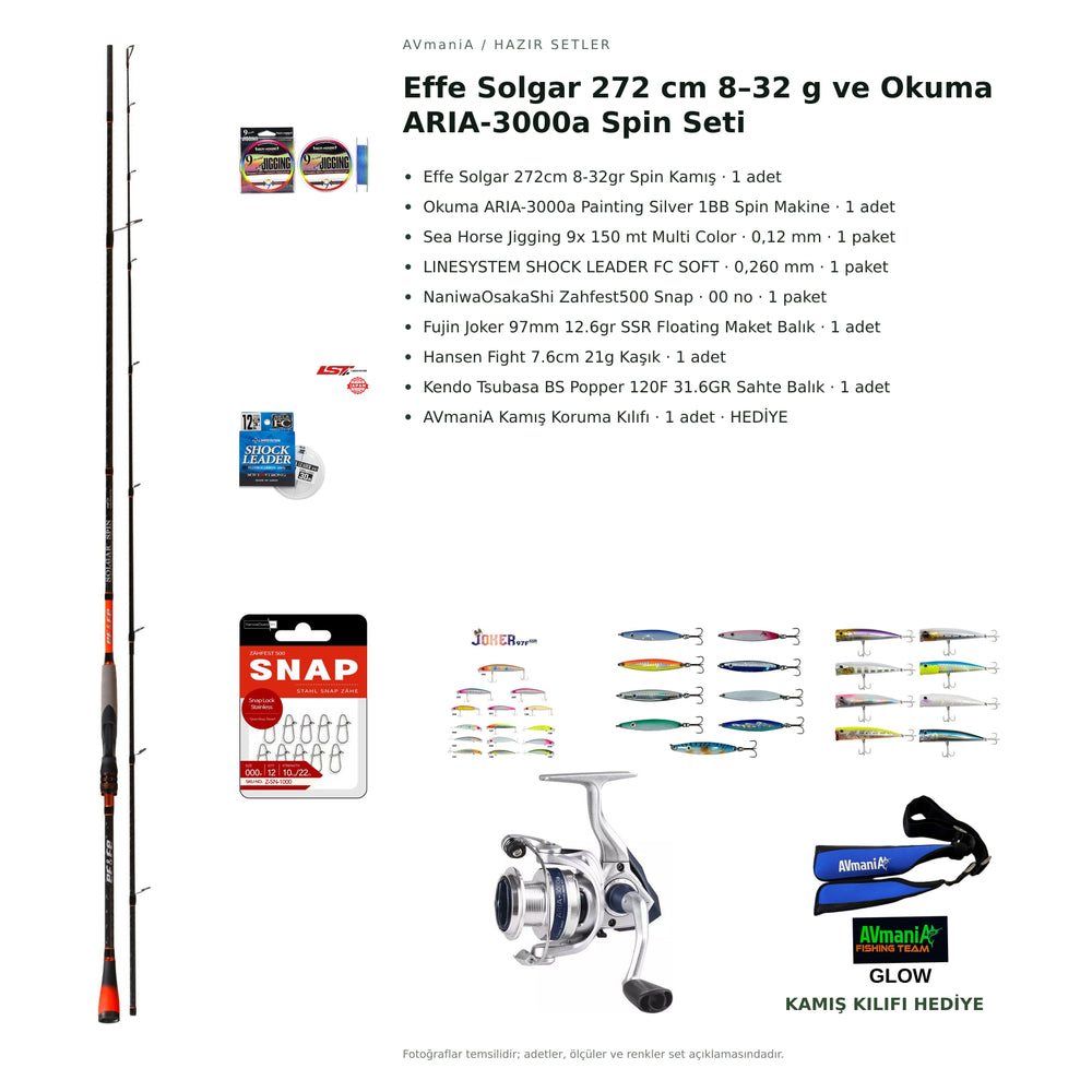 Effe Solgar 272 cm 8–32 g ve Okuma ARIA-3000a Spin Seti — kamış koruma kılıfı hediyeli