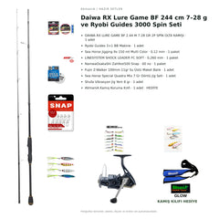 Daiwa RX Lure Game BF 244 cm 7–28 g ve Ryobi Guides 3000 Spin Seti — kamış koruma kılıfı hediyeli