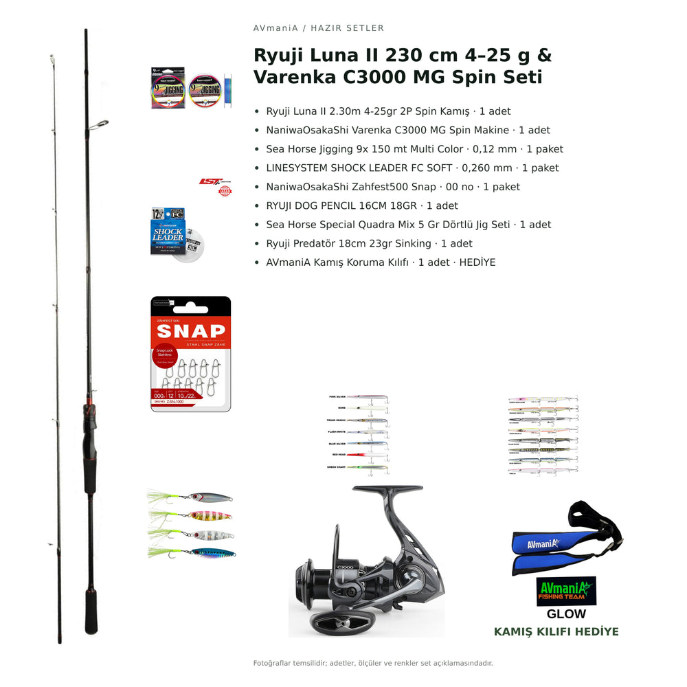 AVmaniA Ryuji Luna II 230 cm 4–25 g & Varenka C3000 MG Spin Seti — kamış koruma kılıfı hediyeli