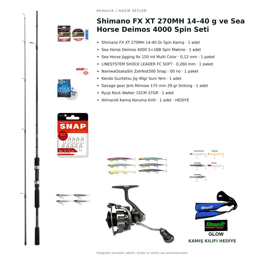 Shimano FX XT 270MH 14–40 g ve Sea Horse Deimos 4000 Spin Seti — kamış koruma kılıfı hediyeli