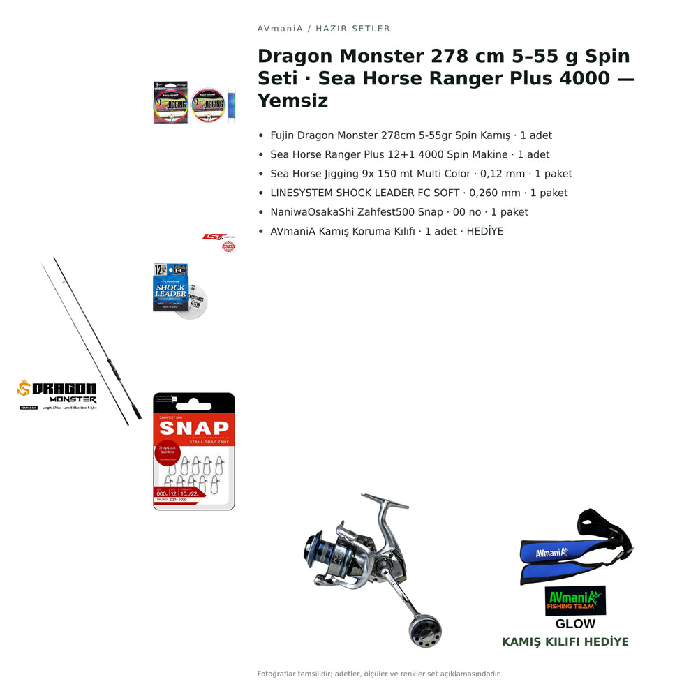 AVmaniA Dragon Monster 278 cm 5–55 g Spin Seti · Sea Horse Ranger Plus 4000 — Yemsiz — kamış koruma kılıfı hediyeli