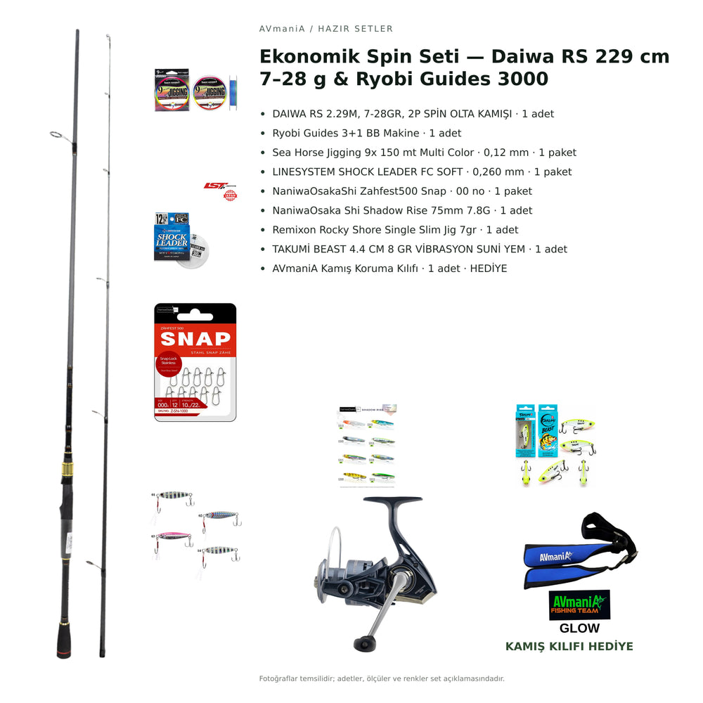AVmaniA Ekonomik Spin Seti — Daiwa RS 229 cm 7–28 g & Ryobi Guides 3000 — kamış koruma kılıfı hediyeli