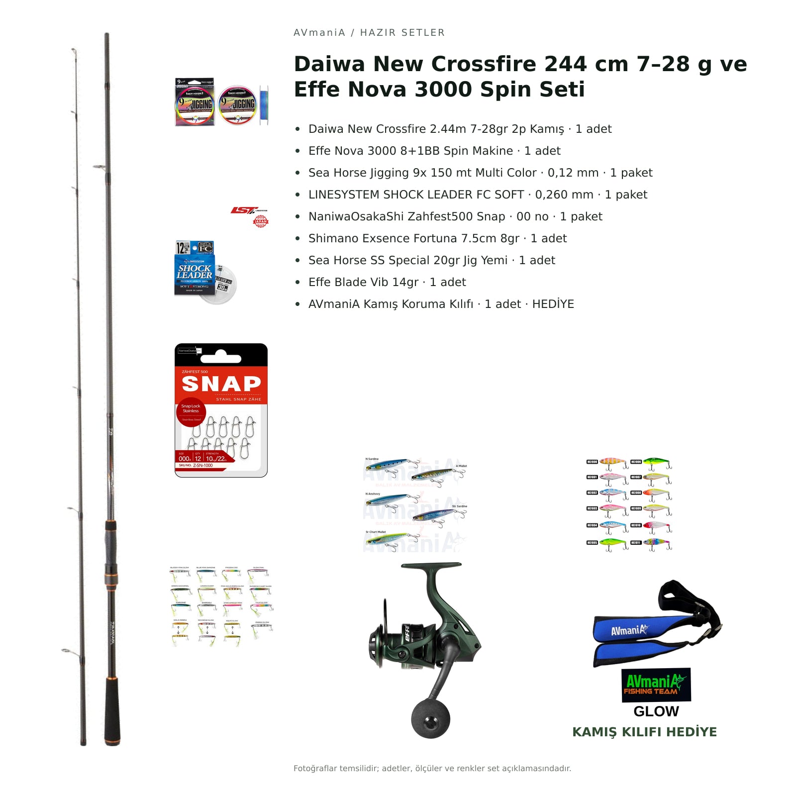 Daiwa New Crossfire 244 cm 7–28 g ve Effe Nova 3000 Spin Seti — kamış koruma kılıfı hediyeli