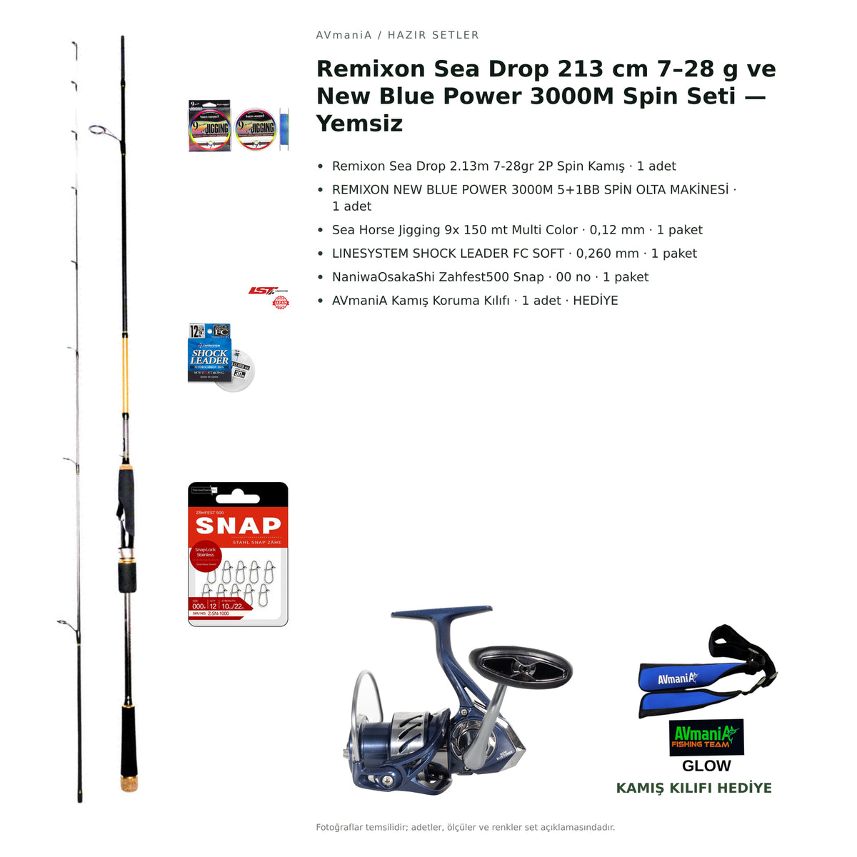 Remixon Sea Drop 213 cm 7–28 g ve New Blue Power 3000M Spin Seti — Yemsiz — kamış koruma kılıfı hediyeli