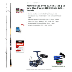 Remixon Sea Drop 213 cm 7–28 g ve New Blue Power 3000M Spin Seti — Yemsiz — kamış koruma kılıfı hediyeli