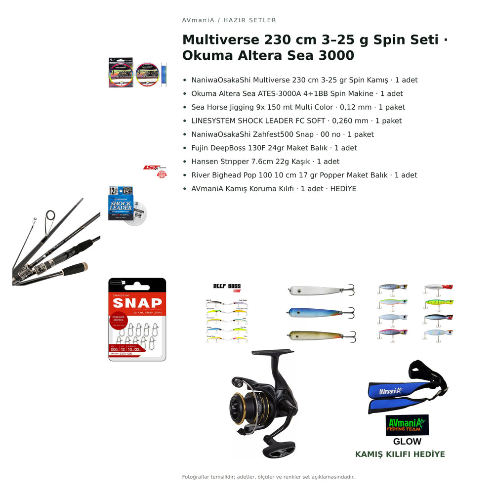 AVmaniA Multiverse 230 cm 3–25 g Spin Seti · Okuma Altera Sea 3000 — kamış koruma kılıfı hediyeli