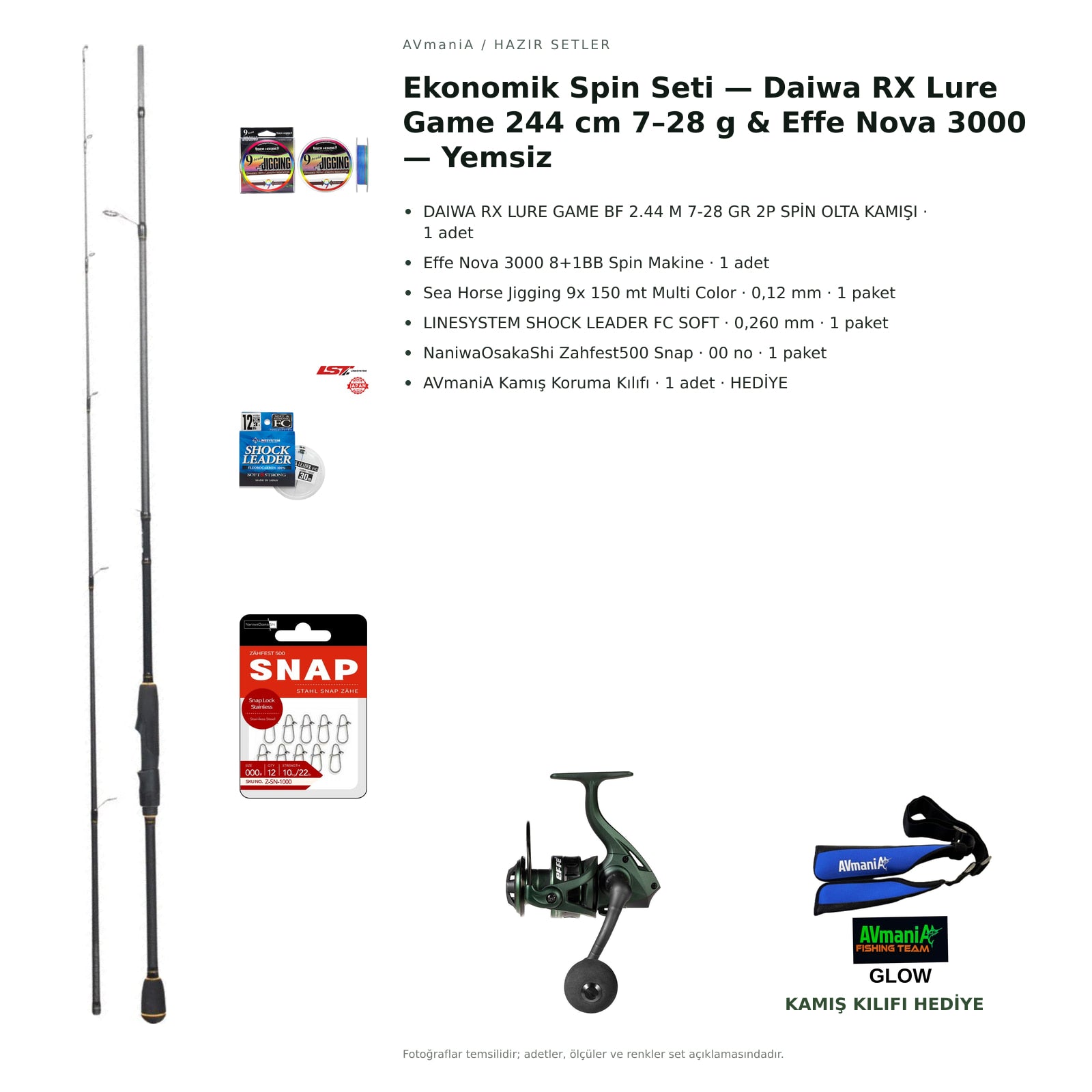 AVmaniA Ekonomik Spin Seti — Daiwa RX Lure Game 244 cm 7–28 g & Effe Nova 3000 — Yemsiz — kamış koruma kılıfı hediyeli