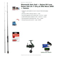 AVmaniA Ekonomik Spin Seti — Daiwa RX Lure Game 244 cm 7–28 g & Effe Nova 3000 — Yemsiz — kamış koruma kılıfı hediyeli