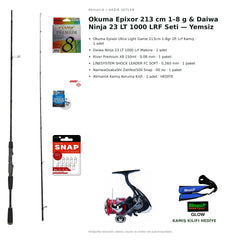 Okuma Epixor 213 cm 1–8 g & Daiwa Ninja 23 LT 1000 LRF Seti — Yemsiz — kamış koruma kılıfı hediyeli