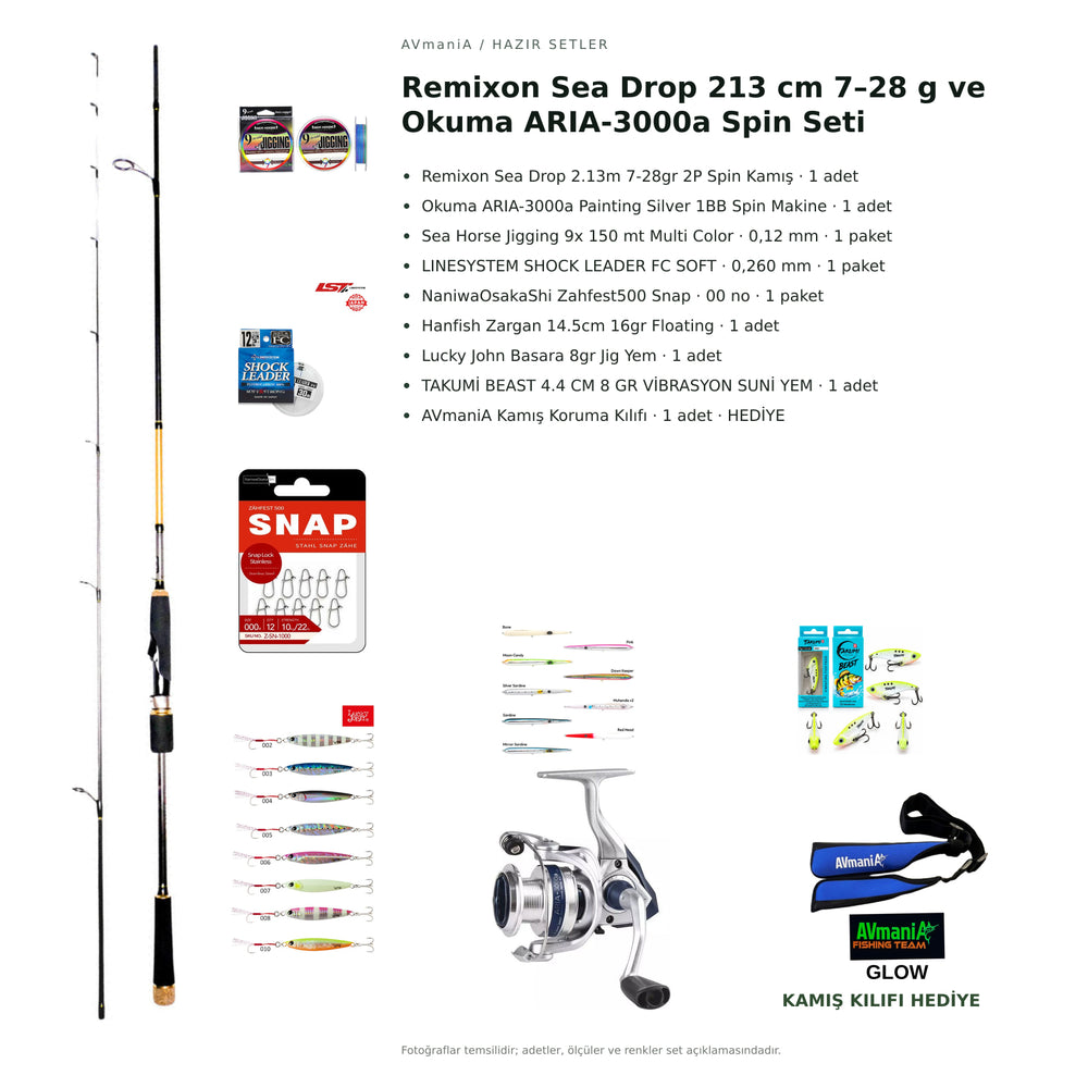 Remixon Sea Drop 213 cm 7–28 g ve Okuma ARIA-3000a Spin Seti — kamış koruma kılıfı hediyeli