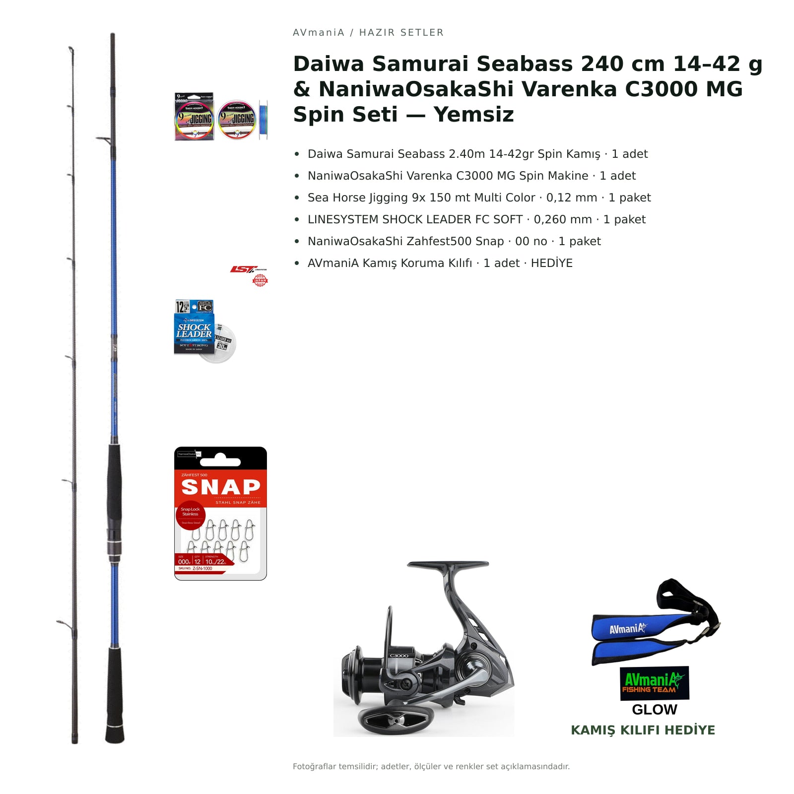 Daiwa Samurai Seabass 240 cm 14–42 g & NaniwaOsakaShi Varenka C3000 MG Spin Seti — Yemsiz — kamış koruma kılıfı hediyeli