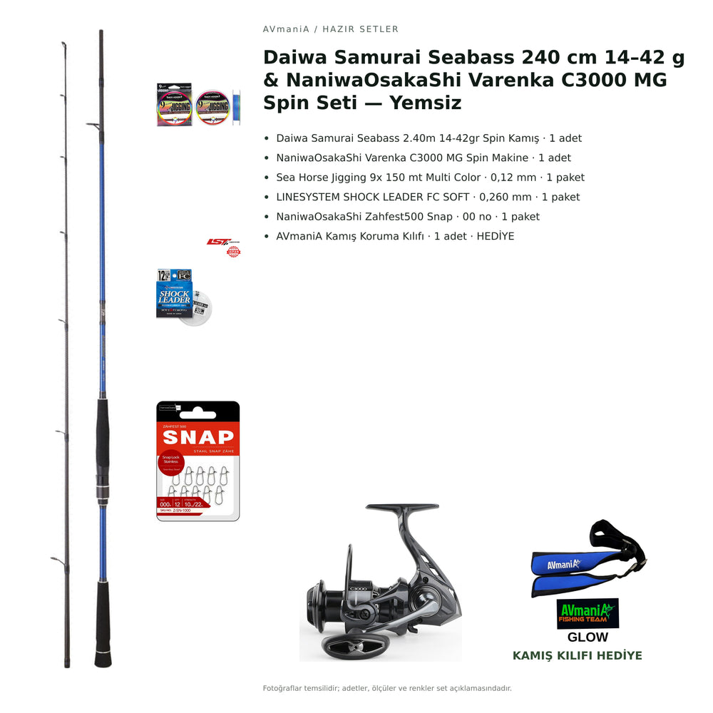 Daiwa Samurai Seabass 240 cm 14–42 g & NaniwaOsakaShi Varenka C3000 MG Spin Seti — Yemsiz — kamış koruma kılıfı hediyeli