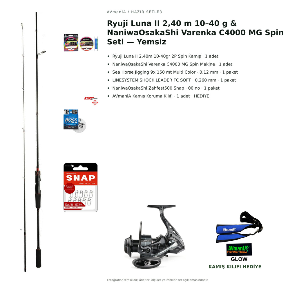 Ryuji Luna II 2,40 m 10–40 g & NaniwaOsakaShi Varenka C4000 MG Spin Seti — Yemsiz — kamış koruma kılıfı hediyeli