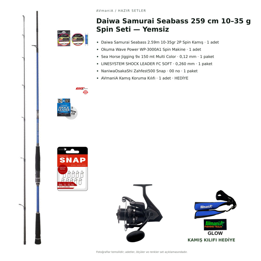 Daiwa Samurai Seabass 259 cm 10–35 g Spin Seti — Yemsiz — kamış koruma kılıfı hediyeli