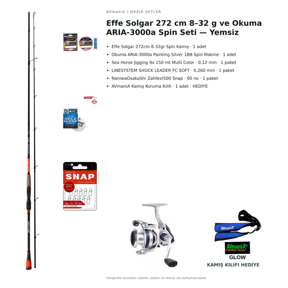 Effe Solgar 272 cm 8–32 g ve Okuma ARIA-3000a Spin Seti — Yemsiz — kamış koruma kılıfı hediyeli