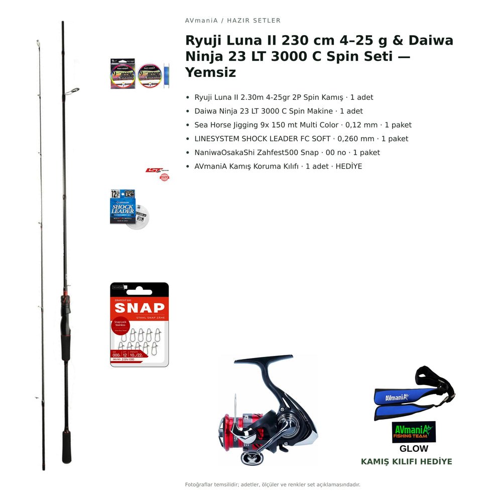 Ryuji Luna II 230 cm 4–25 g & Daiwa Ninja 23 LT 3000 C Spin Seti — Yemsiz — kamış koruma kılıfı hediyeli