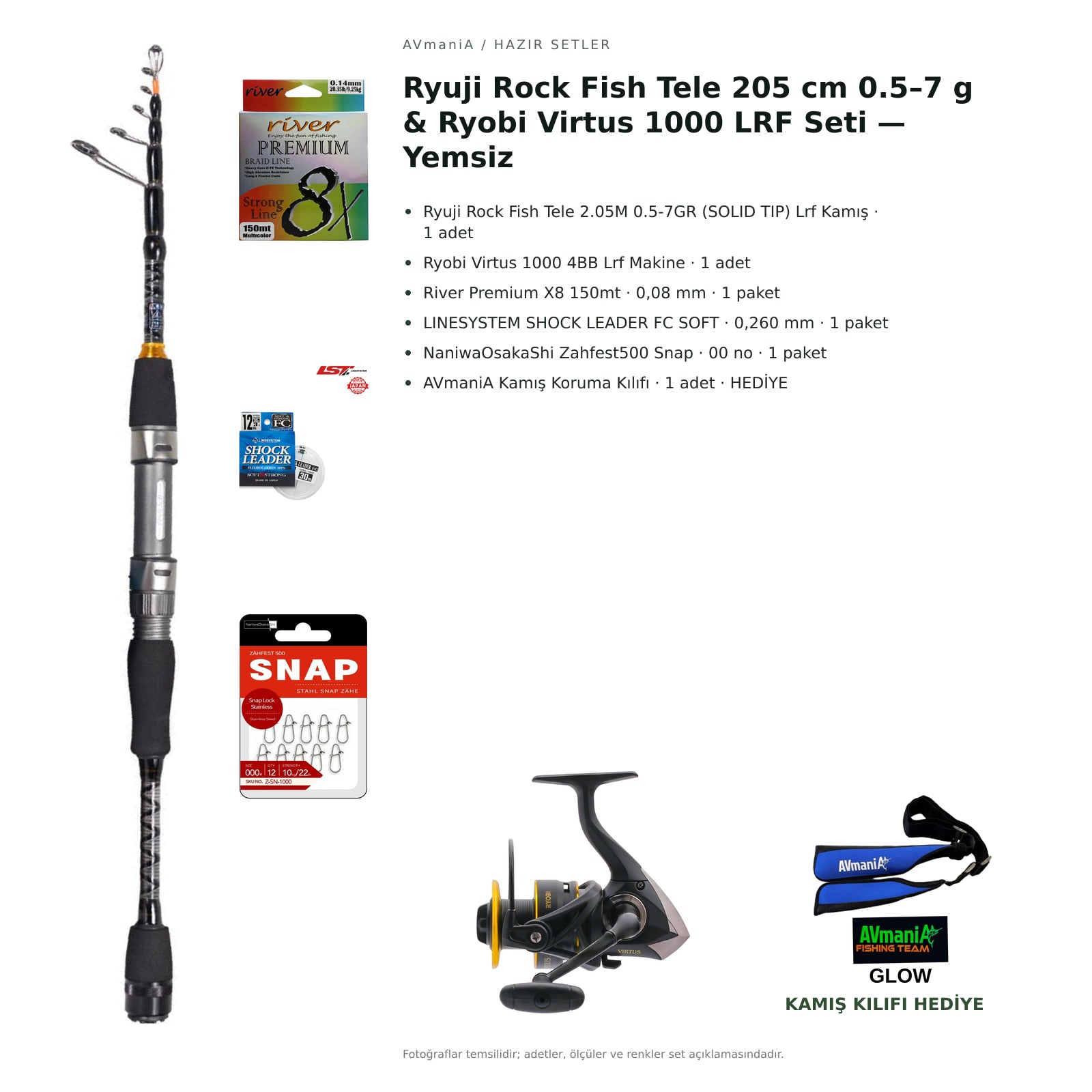 Ryuji Rock Fish Tele 205 cm 0.5–7 g & Ryobi Virtus 1000 LRF Seti — Yemsiz — kamış koruma kılıfı hediyeli