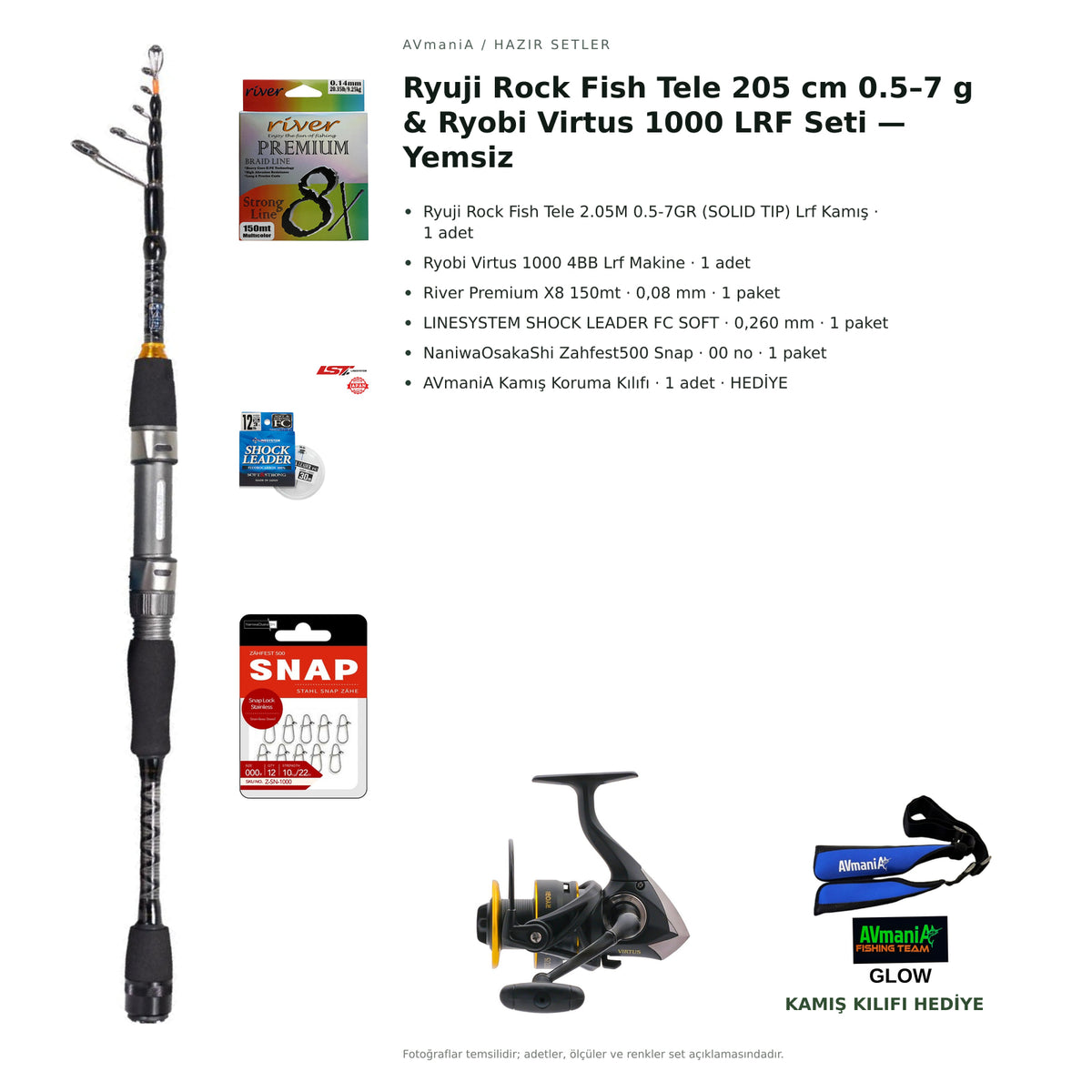 Ryuji Rock Fish Tele 205 cm 0.5–7 g & Ryobi Virtus 1000 LRF Seti — Yemsiz — kamış koruma kılıfı hediyeli