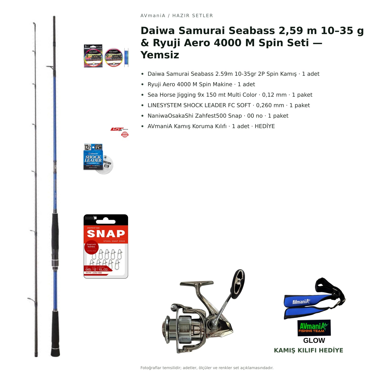 Daiwa Samurai Seabass 2,59 m 10–35 g & Ryuji Aero 4000 M Spin Seti — Yemsiz — kamış koruma kılıfı hediyeli