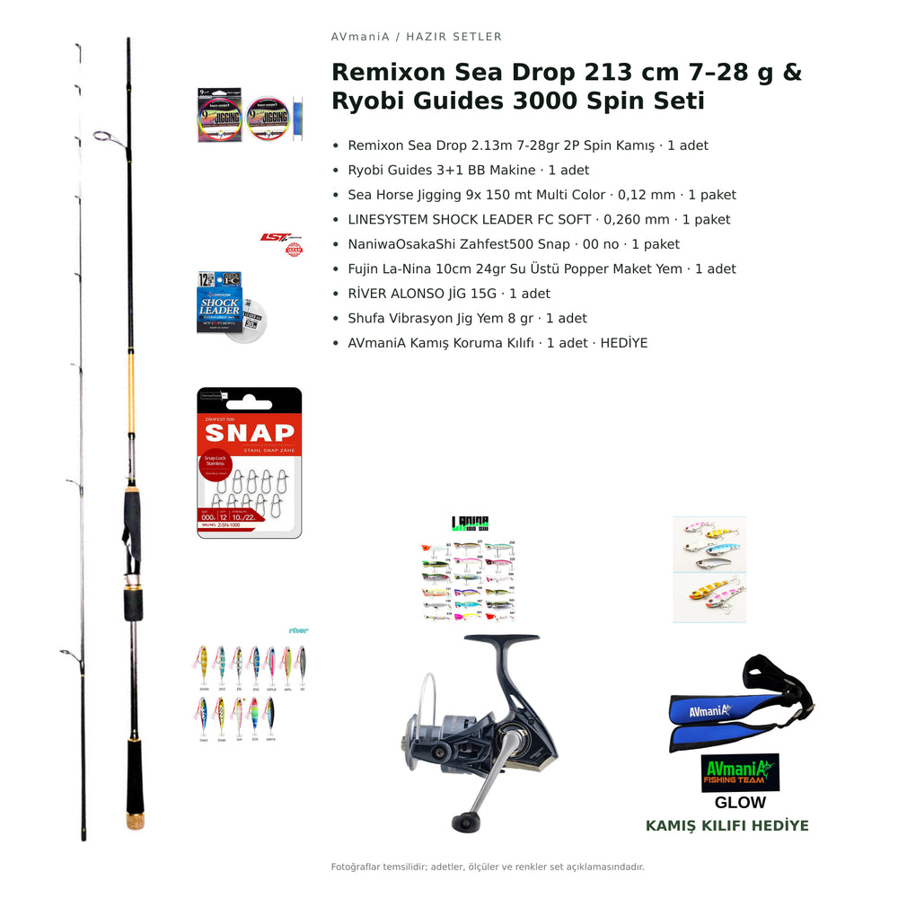 Remixon Sea Drop 213 cm 7–28 g & Ryobi Guides 3000 Spin Seti — kamış koruma kılıfı hediyeli