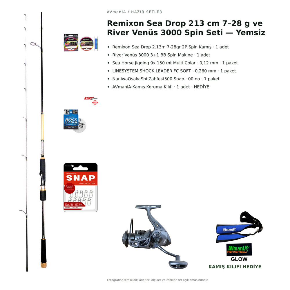 Remixon Sea Drop 213 cm 7–28 g ve River Venüs 3000 Spin Seti — Yemsiz — kamış koruma kılıfı hediyeli
