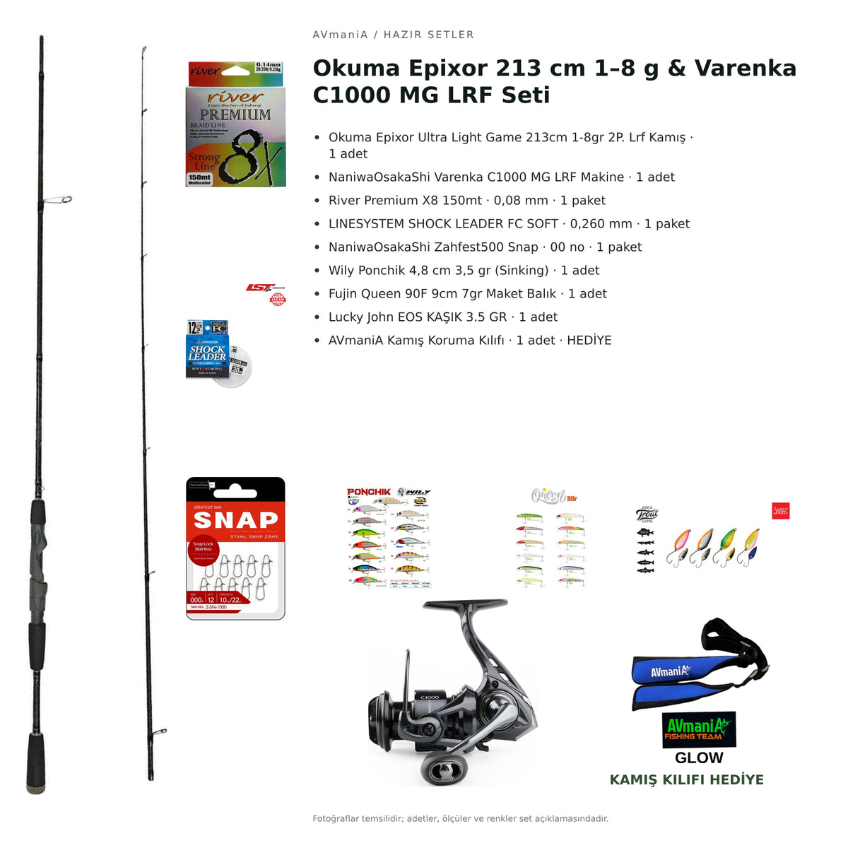 AVmaniA Okuma Epixor 213 cm 1–8 g & Varenka C1000 MG LRF Seti — kamış koruma kılıfı hediyeli