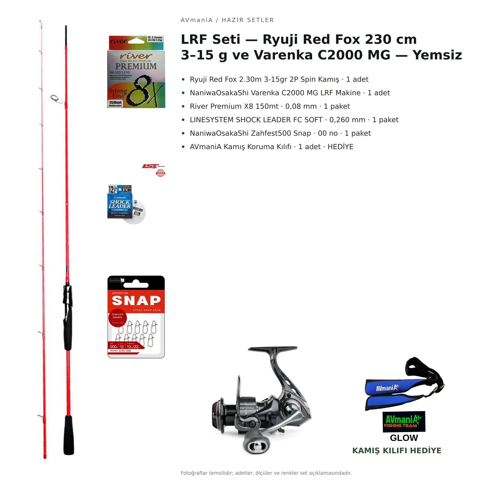 AVmaniA LRF Seti — Ryuji Red Fox 230 cm 3–15 g ve Varenka C2000 MG — Yemsiz — kamış koruma kılıfı hediyeli