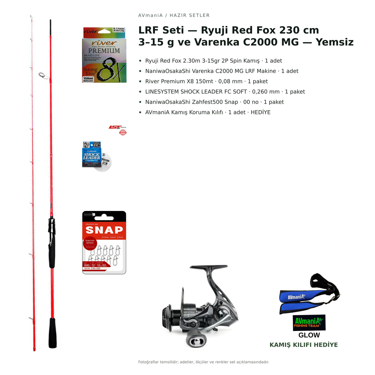 AVmaniA LRF Seti — Ryuji Red Fox 230 cm 3–15 g ve Varenka C2000 MG — Yemsiz — kamış koruma kılıfı hediyeli