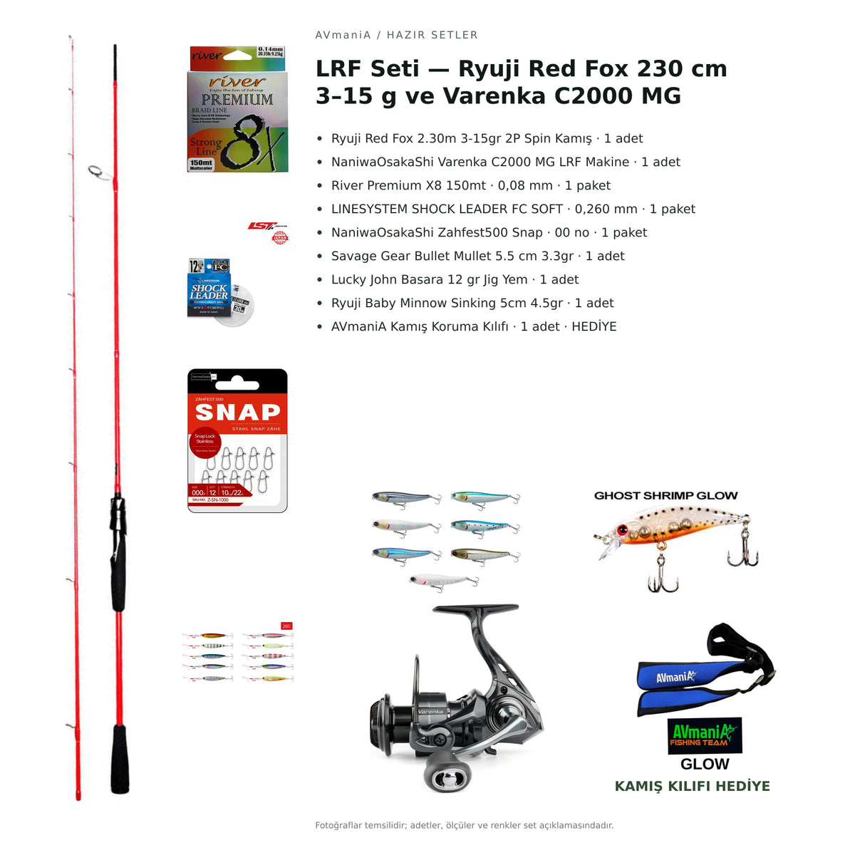AVmaniA LRF Seti — Ryuji Red Fox 230 cm 3–15 g ve Varenka C2000 MG — kamış koruma kılıfı hediyeli