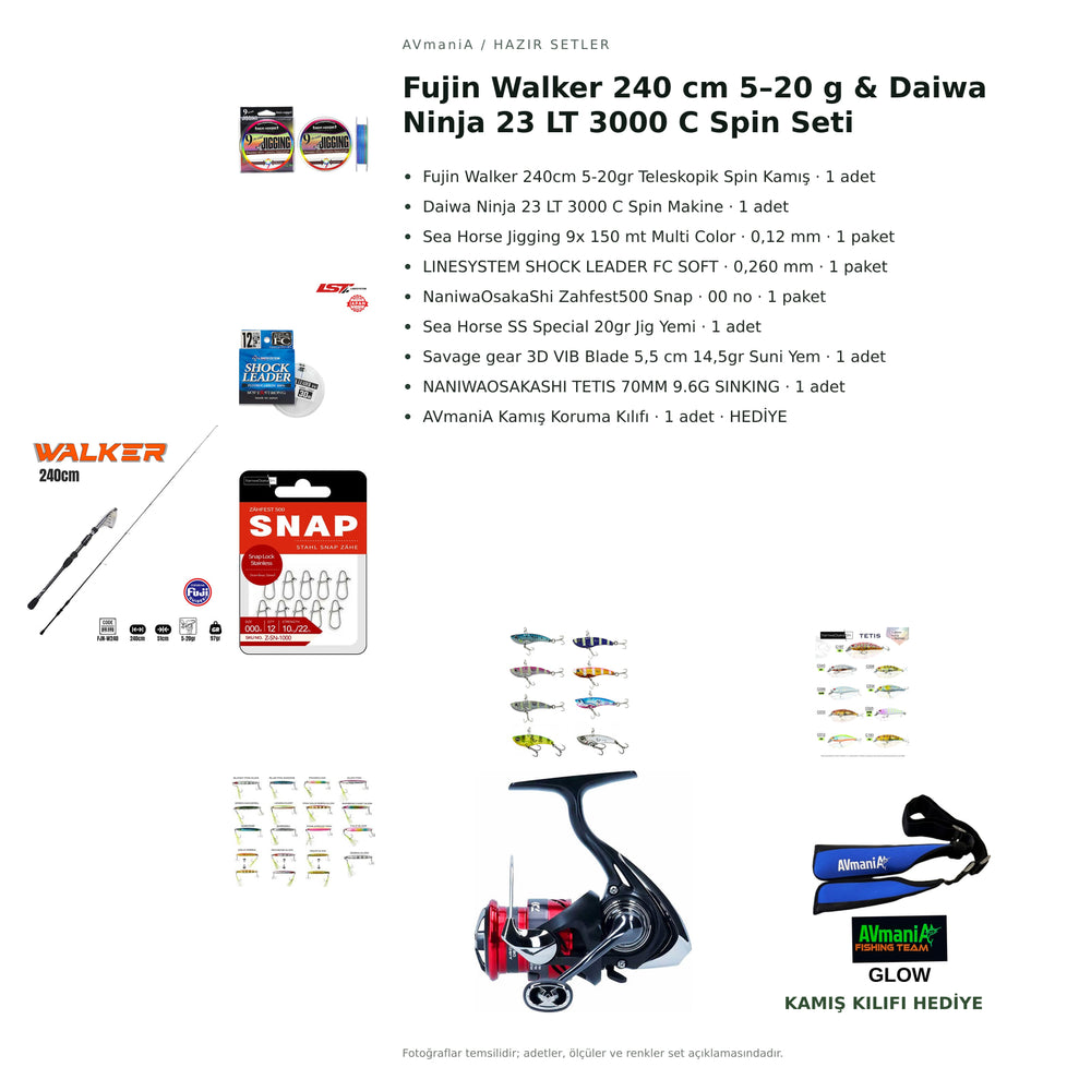 Fujin Walker 240 cm 5–20 g & Daiwa Ninja 23 LT 3000 C Spin Seti — kamış koruma kılıfı hediyeli