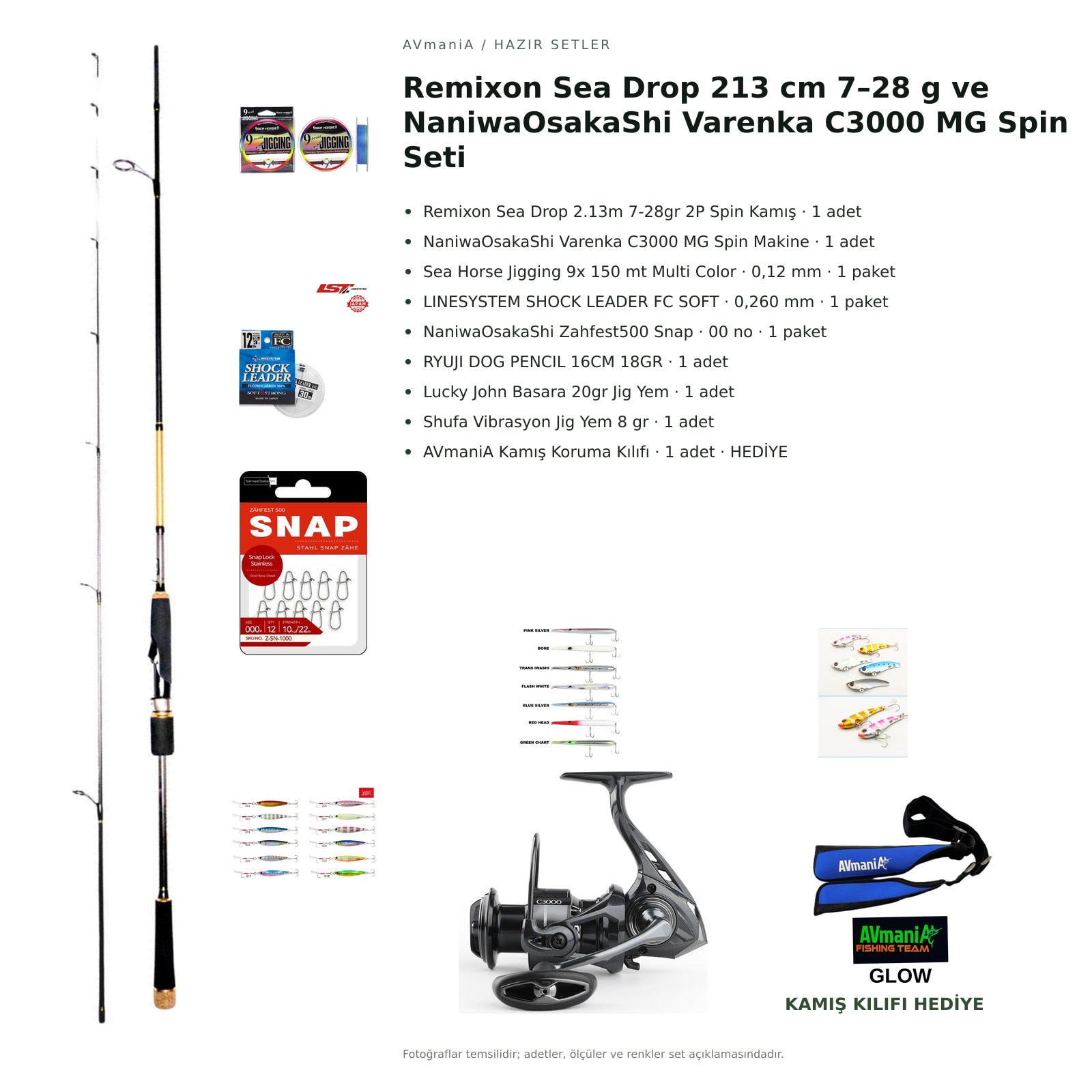 Remixon Sea Drop 213 cm 7–28 g ve NaniwaOsakaShi Varenka C3000 MG Spin Seti — kamış koruma kılıfı hediyeli