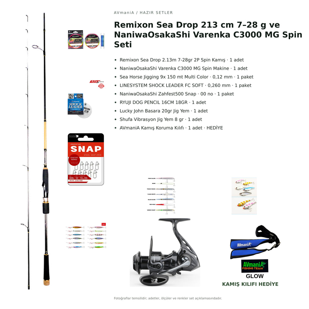 Remixon Sea Drop 213 cm 7–28 g ve NaniwaOsakaShi Varenka C3000 MG Spin Seti — kamış koruma kılıfı hediyeli