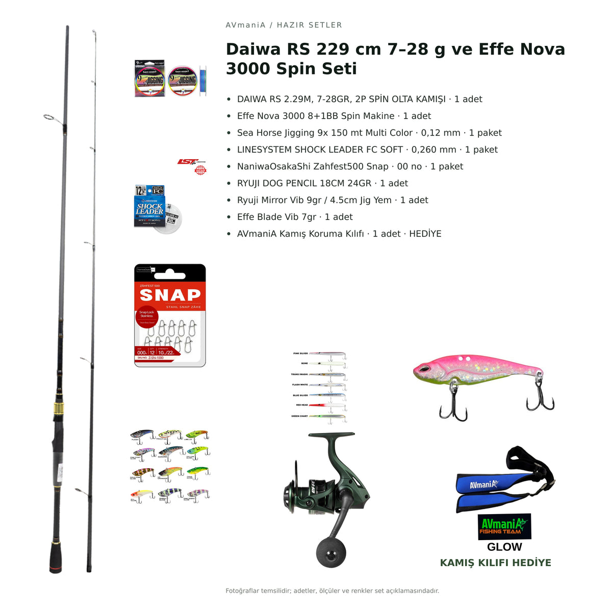 Daiwa RS 229 cm 7–28 g ve Effe Nova 3000 Spin Seti — kamış koruma kılıfı hediyeli