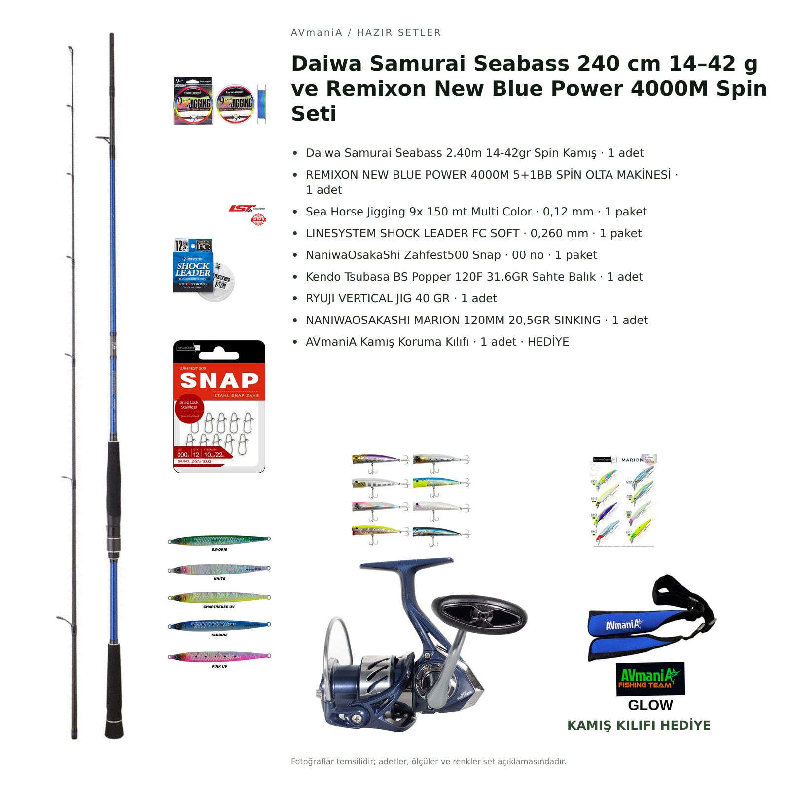 Daiwa Samurai Seabass 240 cm 14–42 g ve Remixon New Blue Power 4000M Spin Seti — kamış koruma kılıfı hediyeli