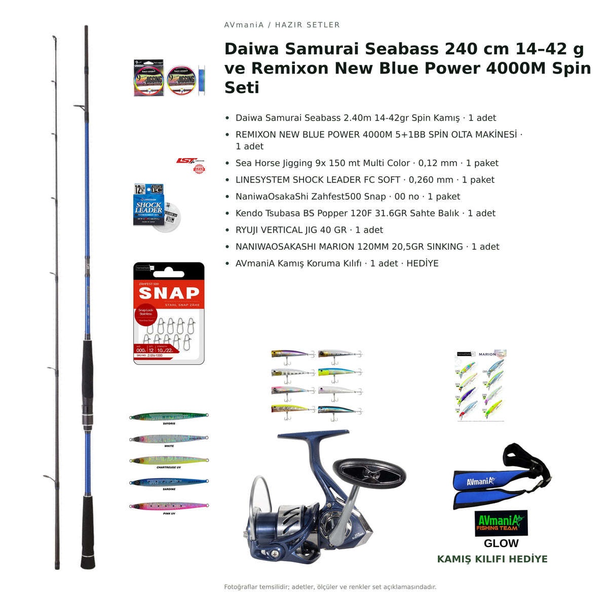 Daiwa Samurai Seabass 240 cm 14–42 g ve Remixon New Blue Power 4000M Spin Seti — kamış koruma kılıfı hediyeli