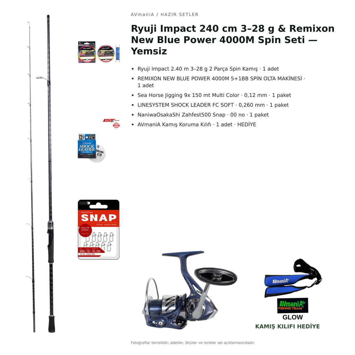 Ryuji Impact 240 cm 3–28 g & Remixon New Blue Power 4000M Spin Seti — Yemsiz — kamış koruma kılıfı hediyeli
