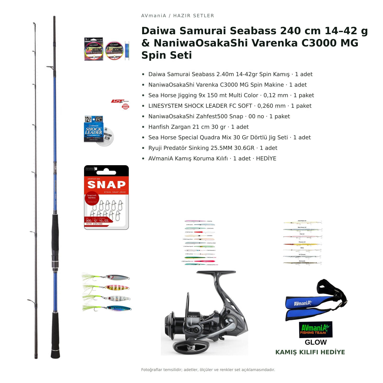 Daiwa Samurai Seabass 240 cm 14–42 g & NaniwaOsakaShi Varenka C3000 MG Spin Seti — kamış koruma kılıfı hediyeli